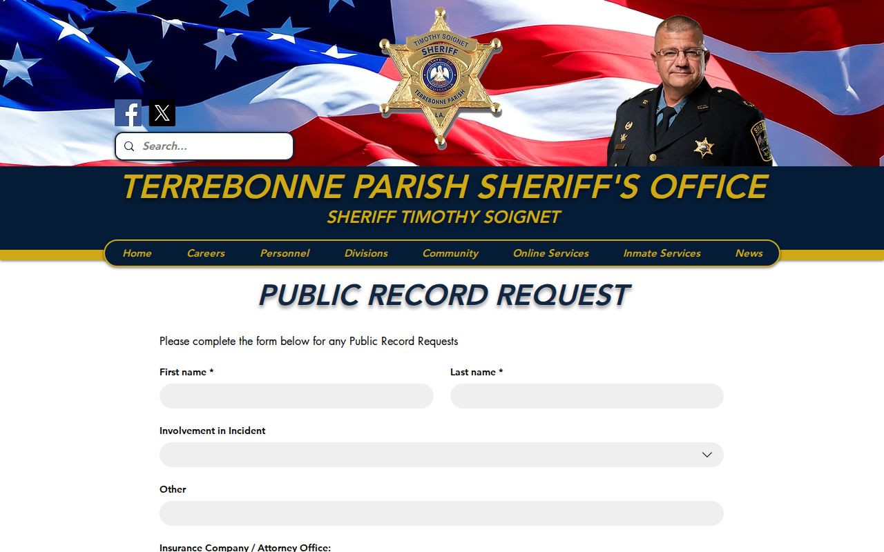 Terrebonne Parish sheriff records request form showing requester and incident search fields