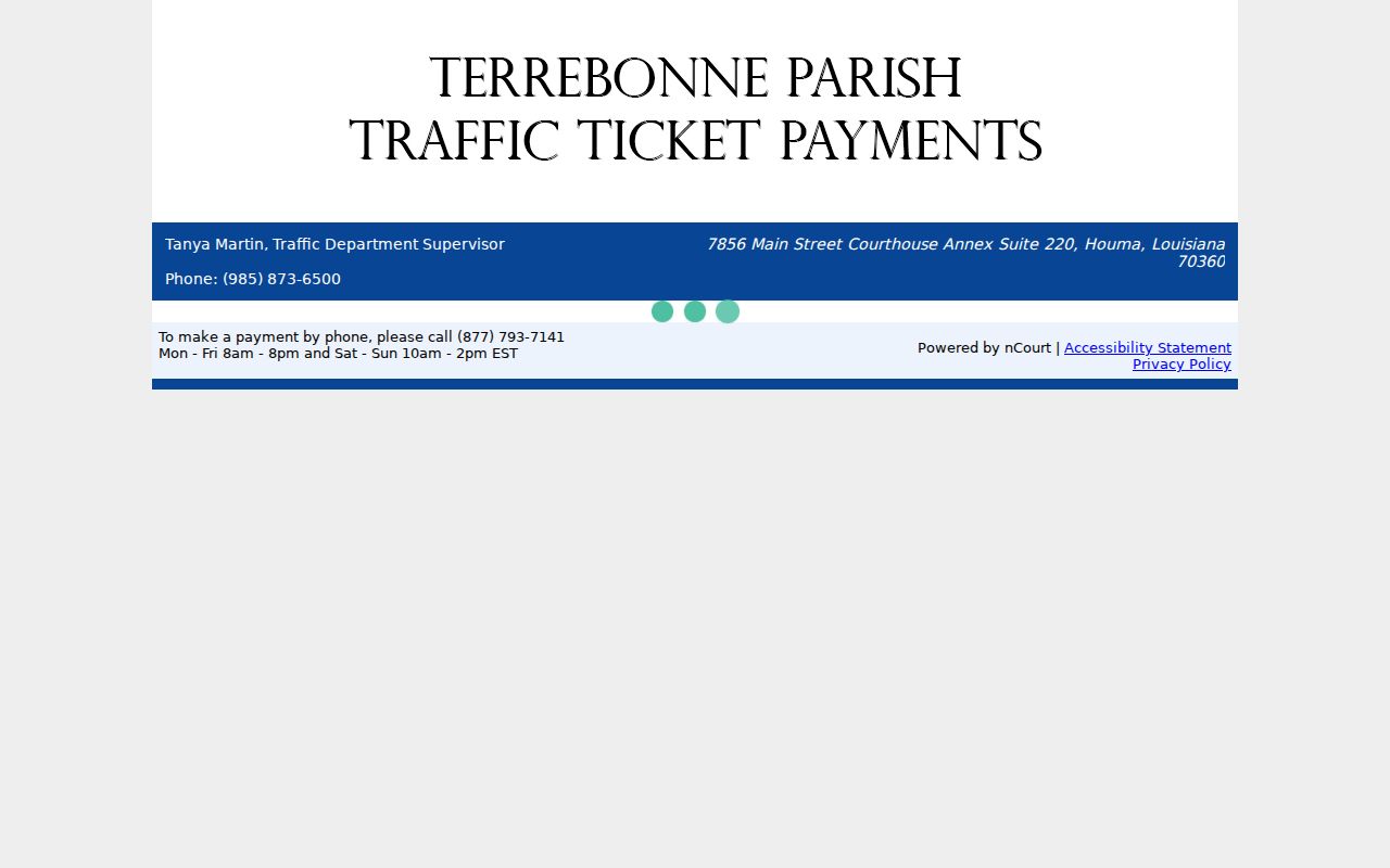 Terrebonne Parish traffic payment screen showing the traffic department contact block