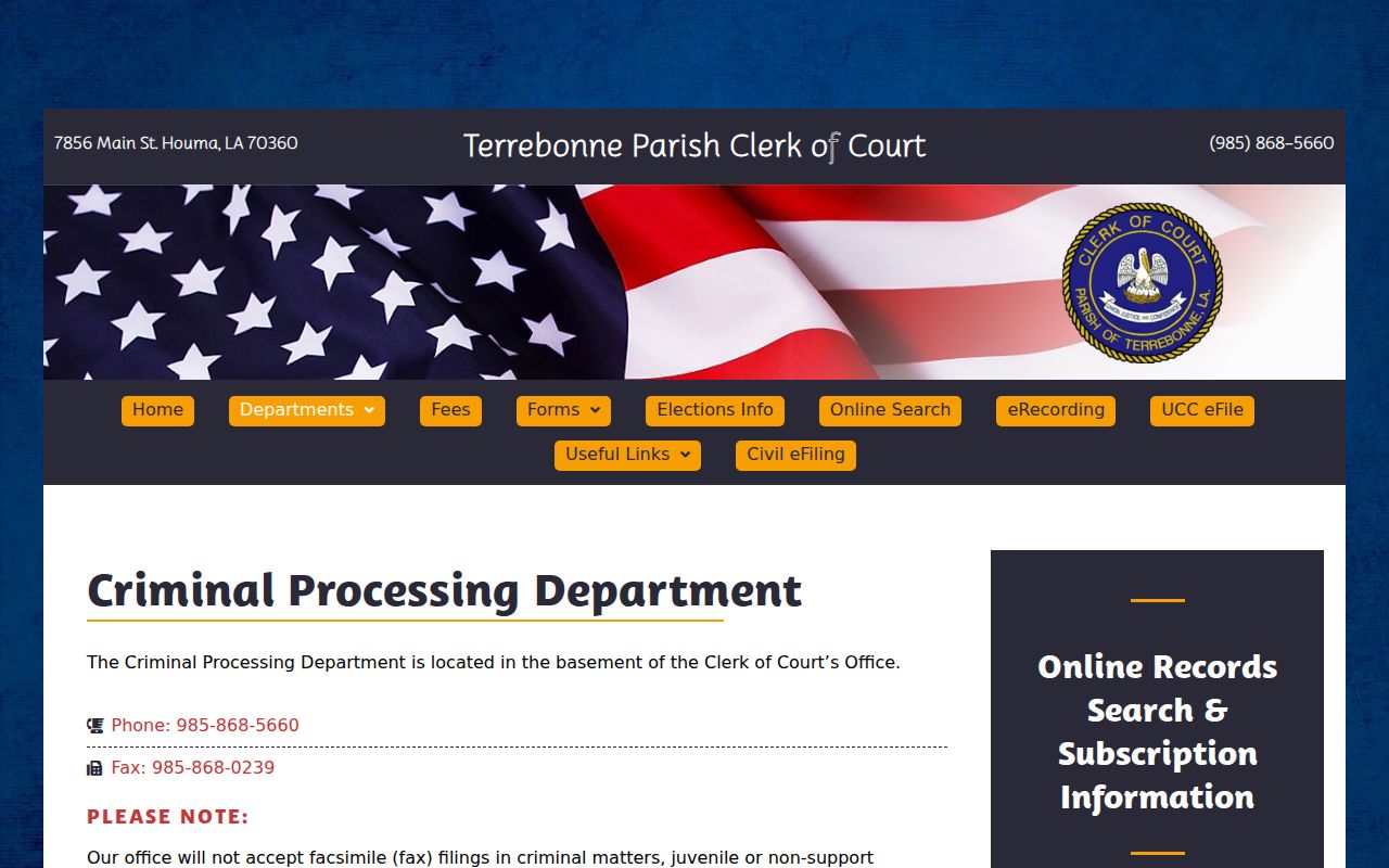 Terrebonne Parish clerk Criminal Processing page showing bench warrant duties