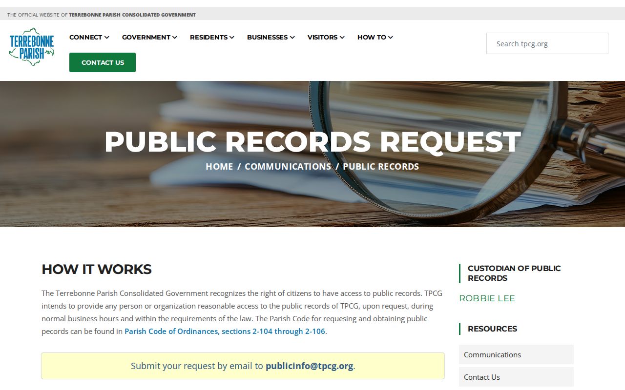 Terrebonne Parish public record request page showing the custodian and fee schedule