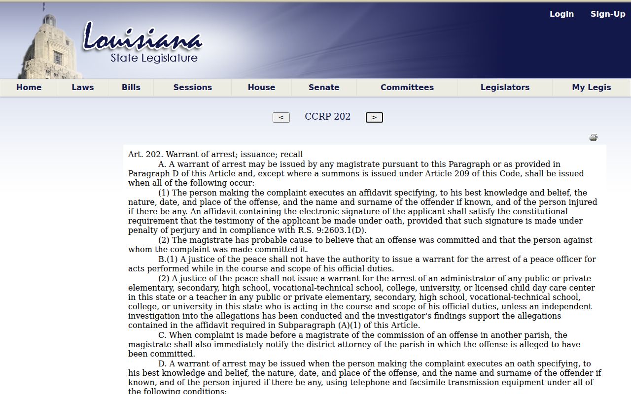 Louisiana arrest warrant statute page framing affidavit and probable cause language
