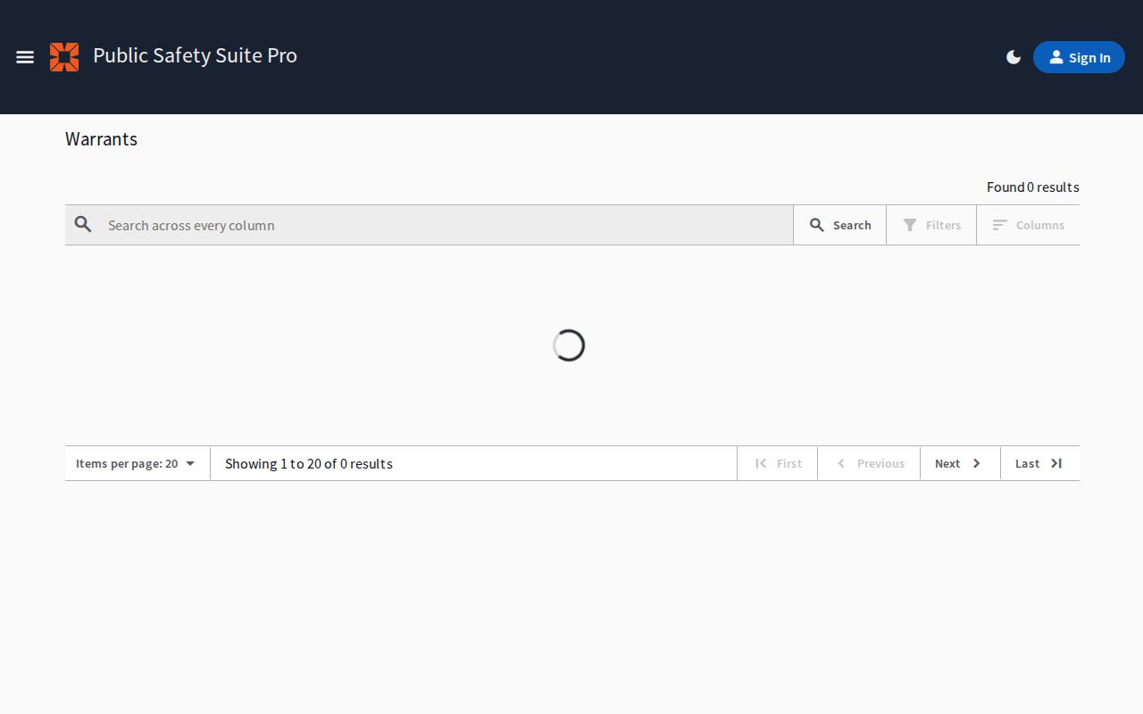 Terrebonne Parish public warrant search page showing filter controls and table headers