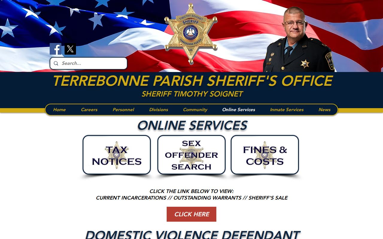 Terrebonne Parish sheriff online services page framing the outstanding warrants link